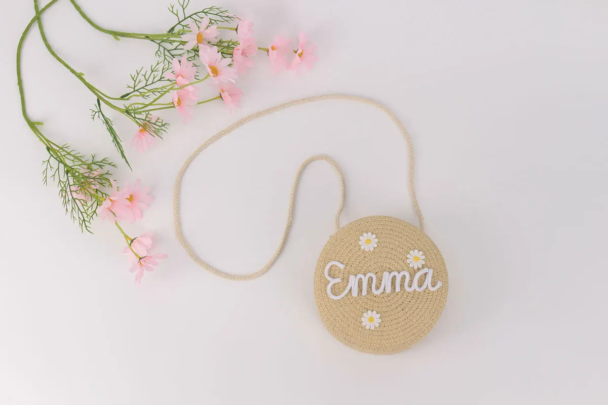 Sac tissé en paille rond personnalisé